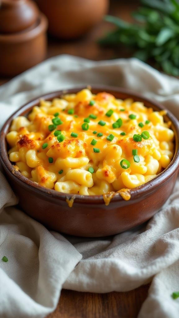 A bowl of creamy cauliflower mac and cheese topped with green onions.