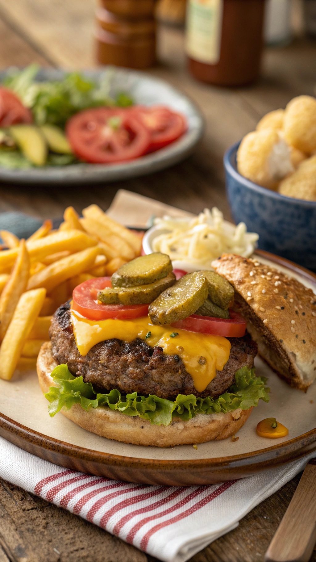 A delicious low carb cheeseburger with lettuce, cheese, tomatoes, and pickles, served with fries.