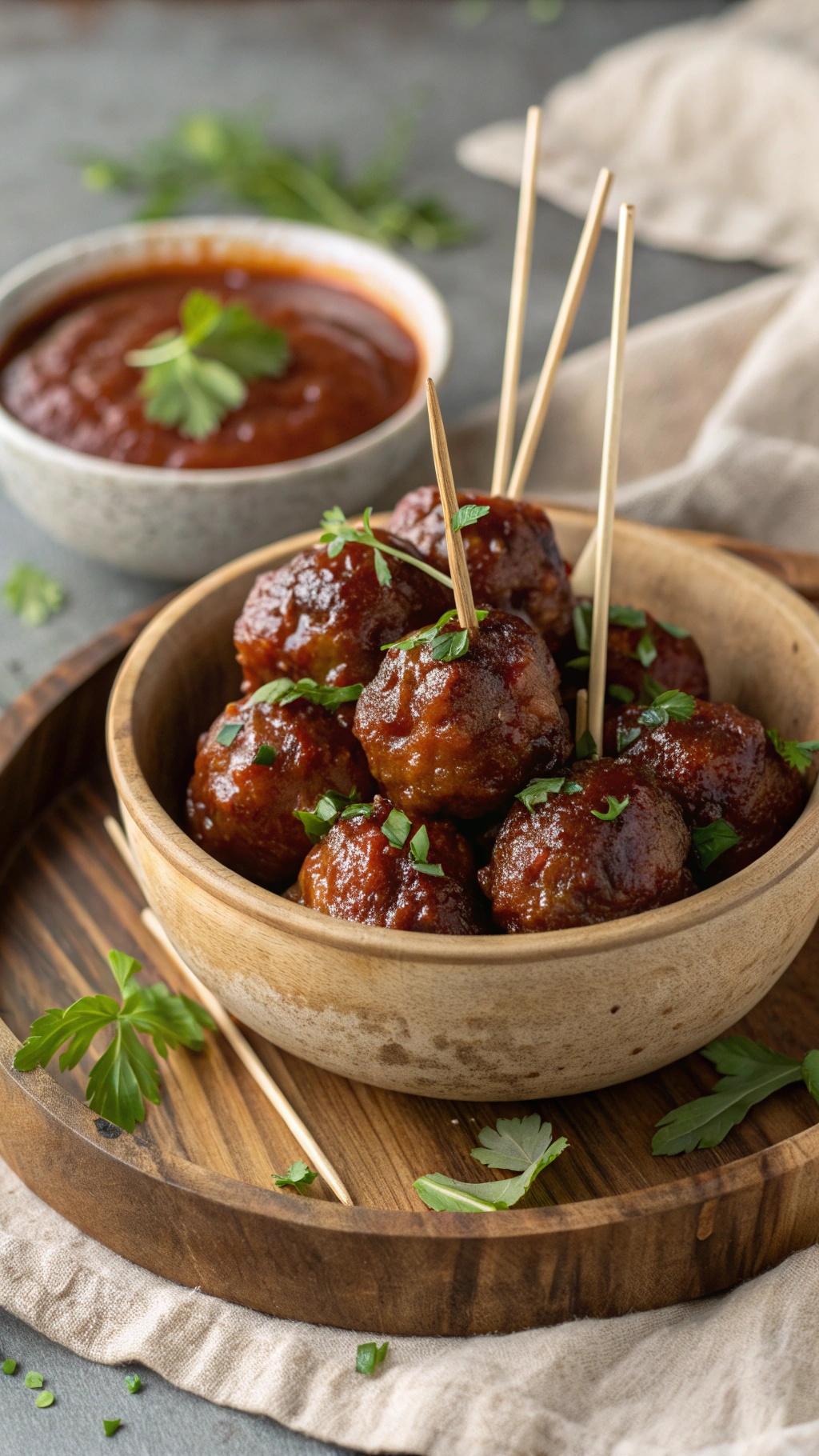 A bowl of classic meatballs in sweet BBQ sauce, garnished with parsley, served with a side of BBQ sauce.