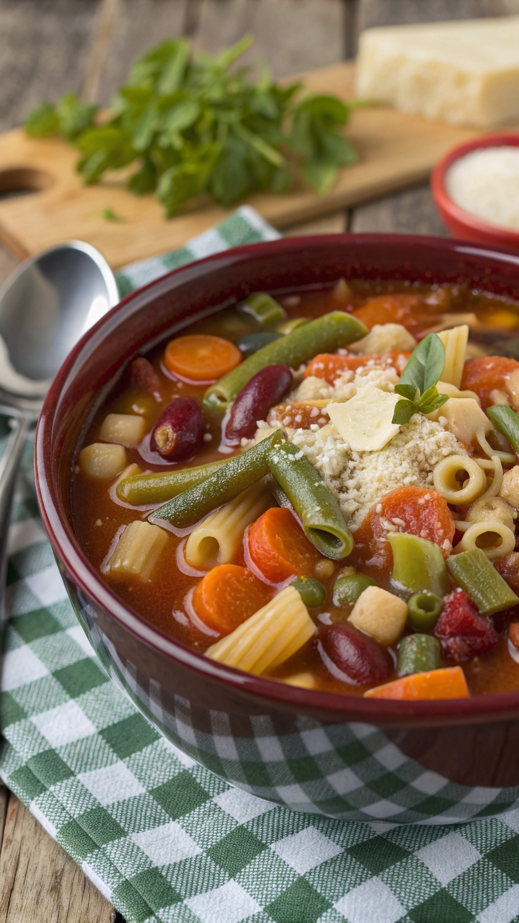A bowl of classic minestrone soup with vegetables and pasta, garnished with cheese and basil.