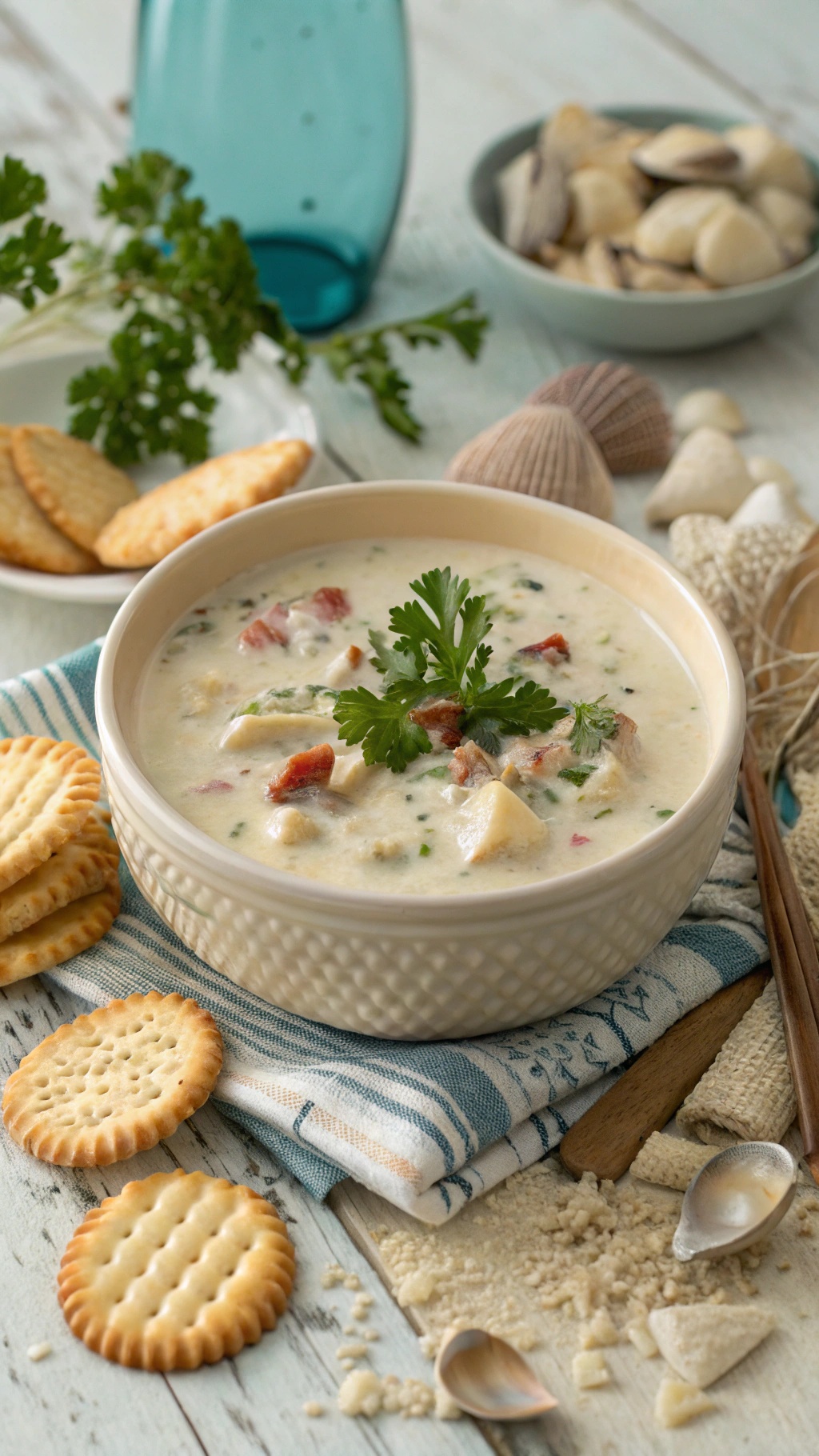 A bowl of New England clam chowder garnished with parsley, accompanied by crackers.