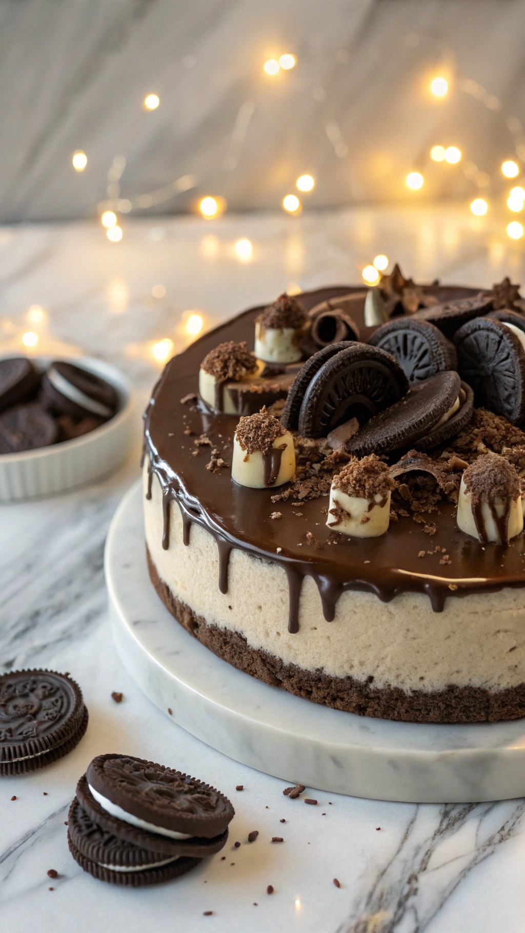A delicious no-bake Oreo cheesecake topped with chocolate ganache and Oreos, set on a marble surface with fairy lights in the background.