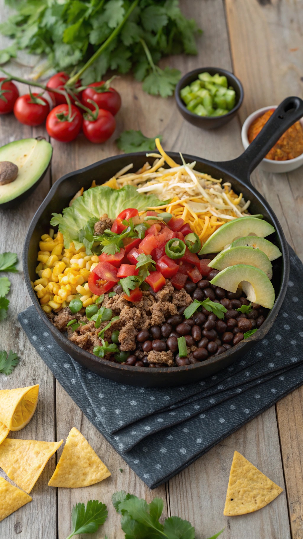 A colorful one-pan taco salad skillet filled with ground beef, black beans, corn, tomatoes, avocado, and cheese, served with tortilla chips.