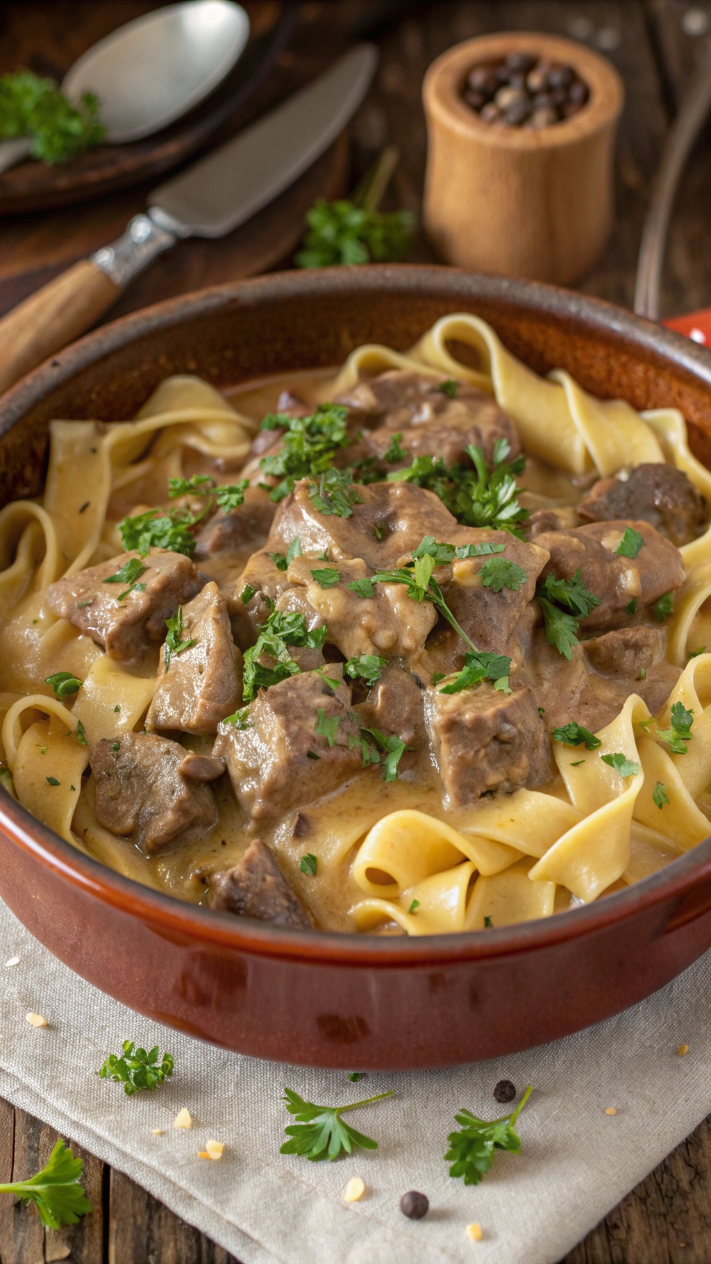 A bowl of classic beef stroganoff with egg noodles and parsley on top.