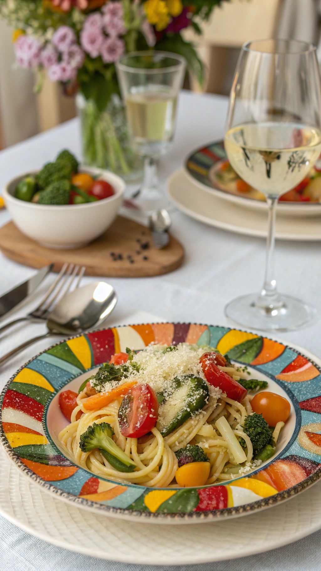 A colorful plate of pasta primavera with seasonal vegetables, garnished with cheese and served with a glass of white wine.