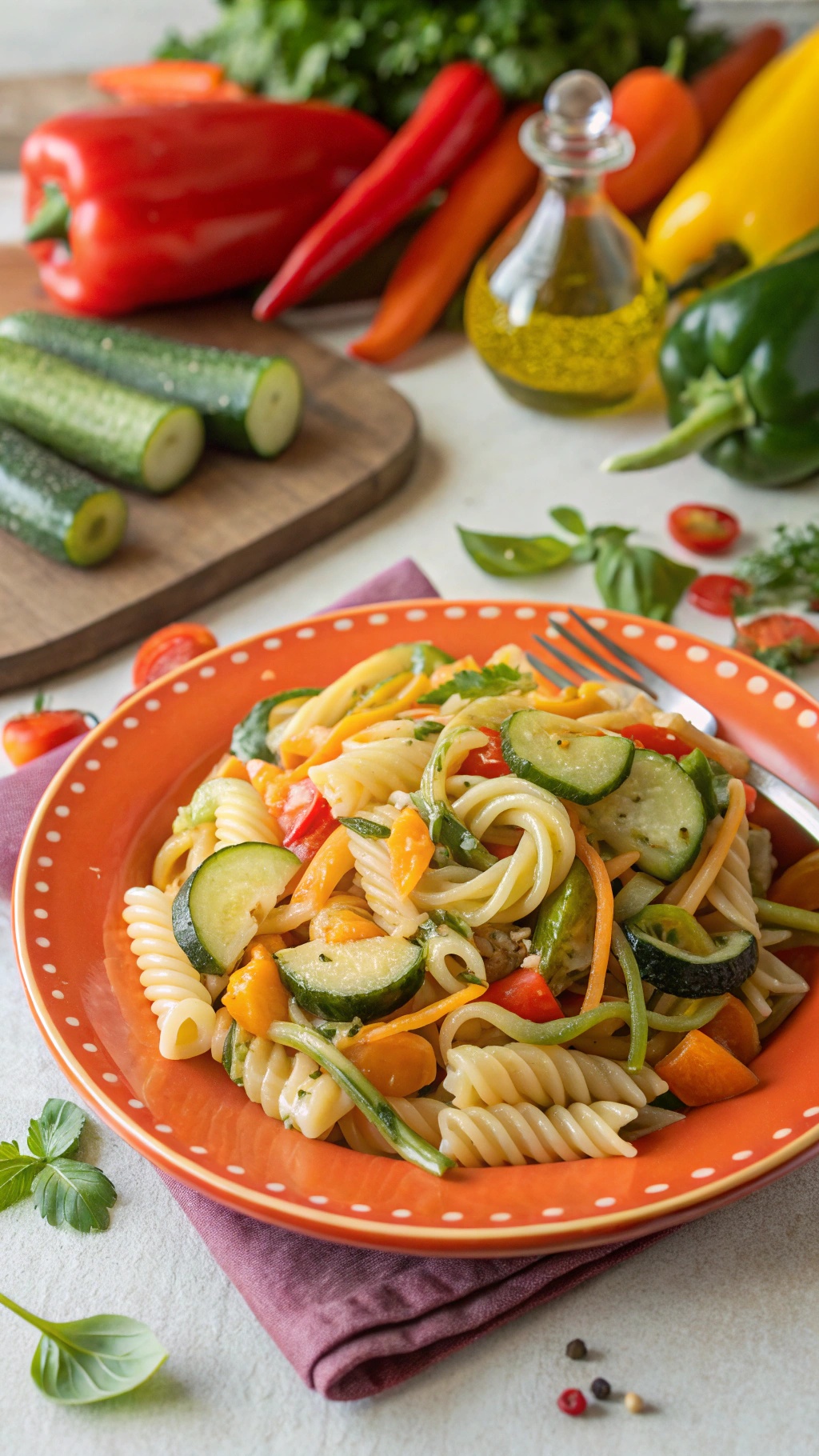 A colorful plate of pasta primavera with seasonal vegetables like zucchini, bell peppers, and carrots.