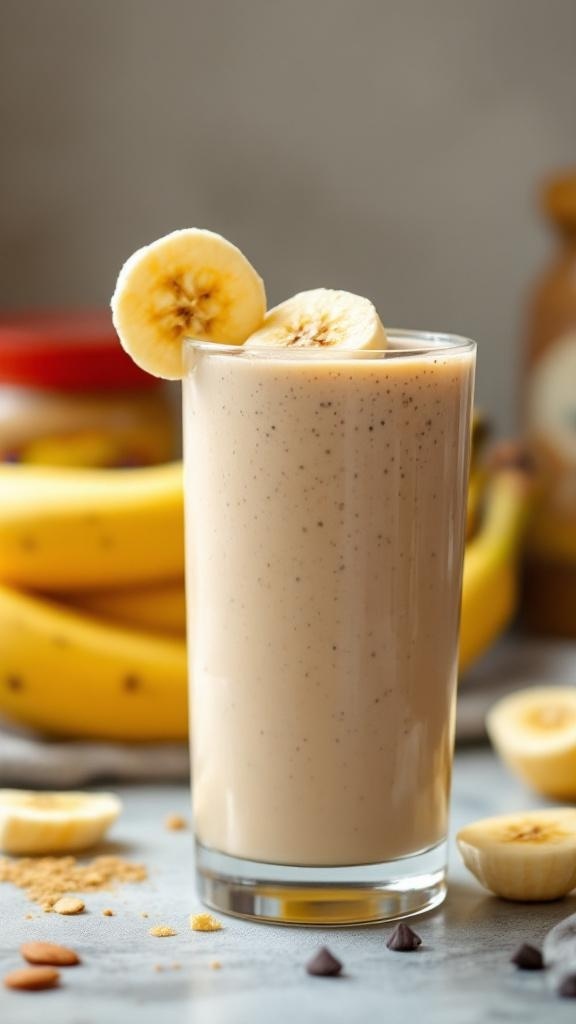 A glass of peanut butter banana smoothie garnished with banana slices, surrounded by bananas and peanut butter.