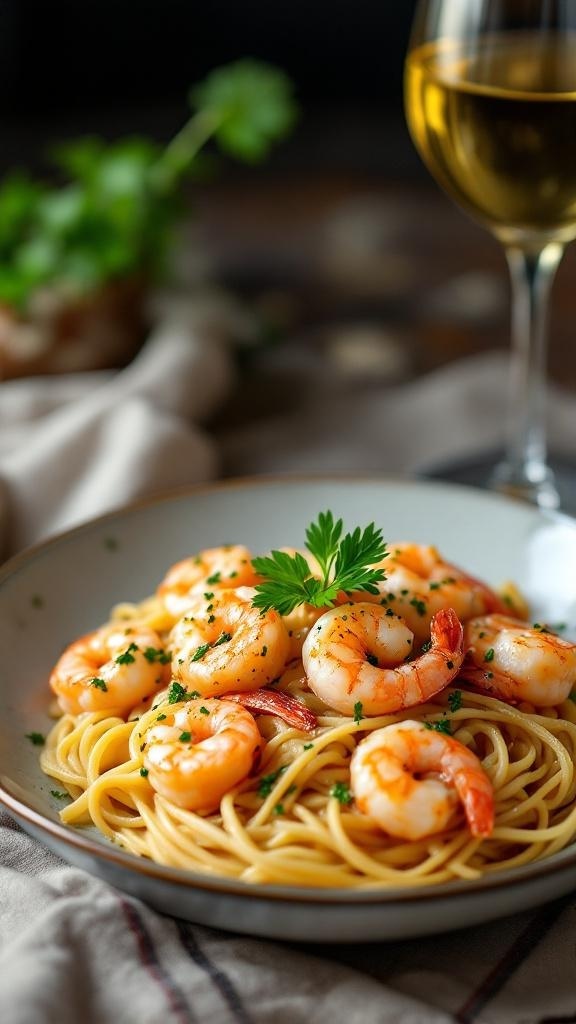 A plate of shrimp scampi with pasta, garnished with parsley and a glass of white wine in the background.