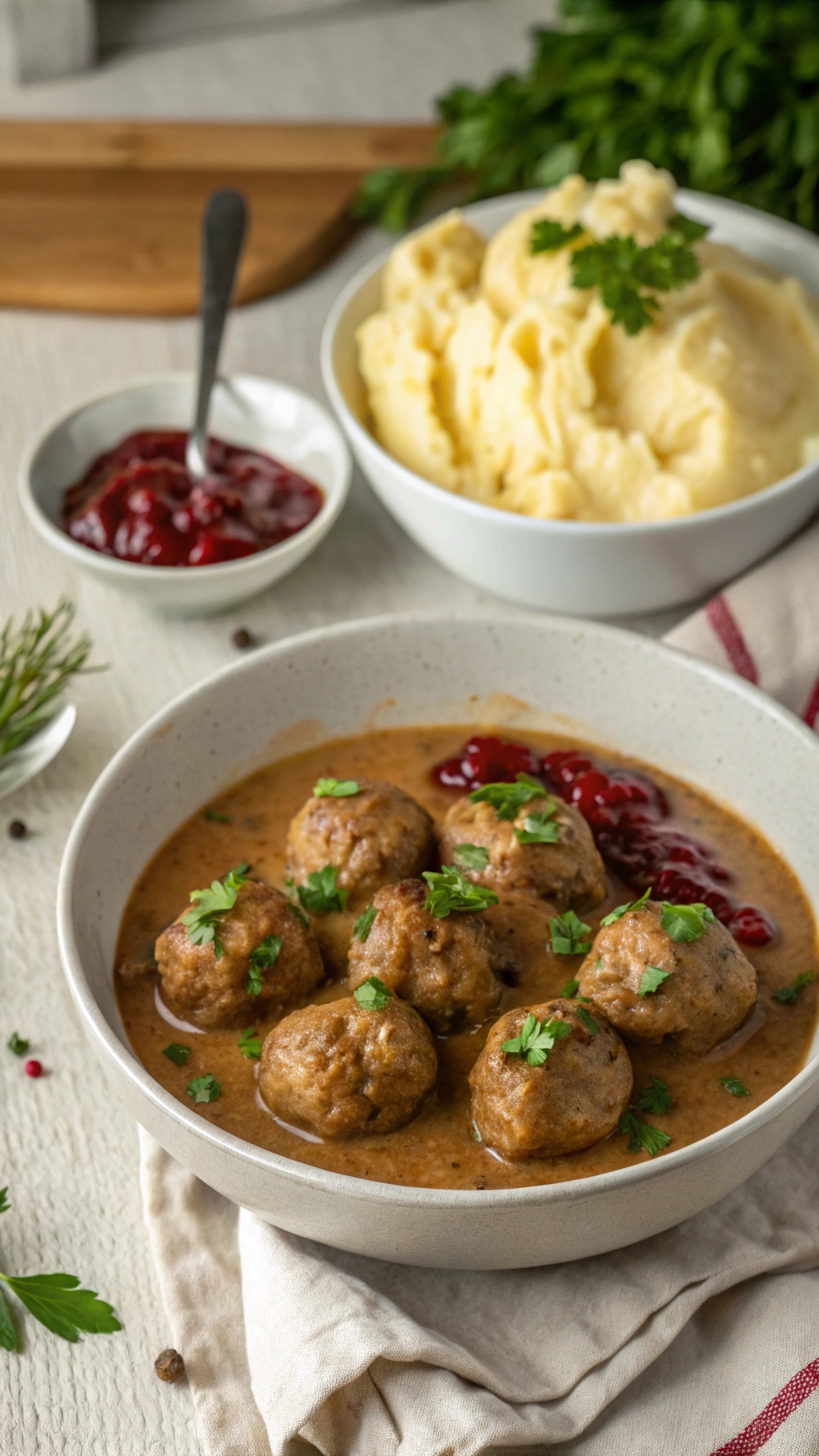 A bowl of Swedish meatballs in creamy sauce, served with mashed potatoes and lingonberry sauce.