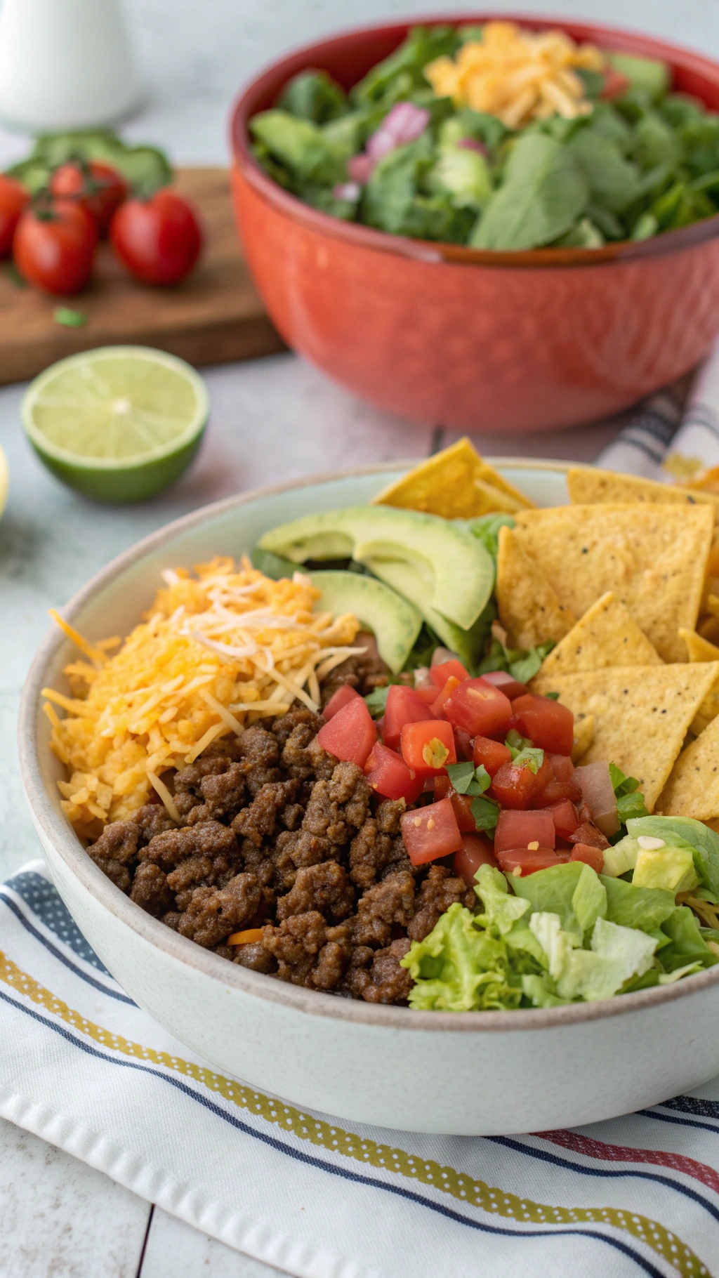 A bowl of classic taco salad with ground beef, lettuce, tomatoes, avocado, cheese, and tortilla chips.