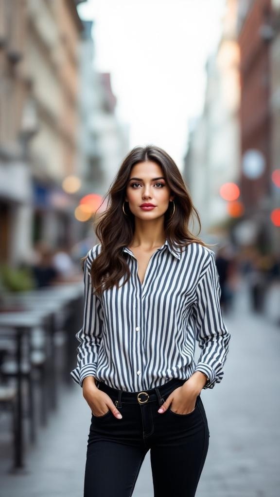 A woman wearing a striped shirt and black jeans, standing confidently in a city street.