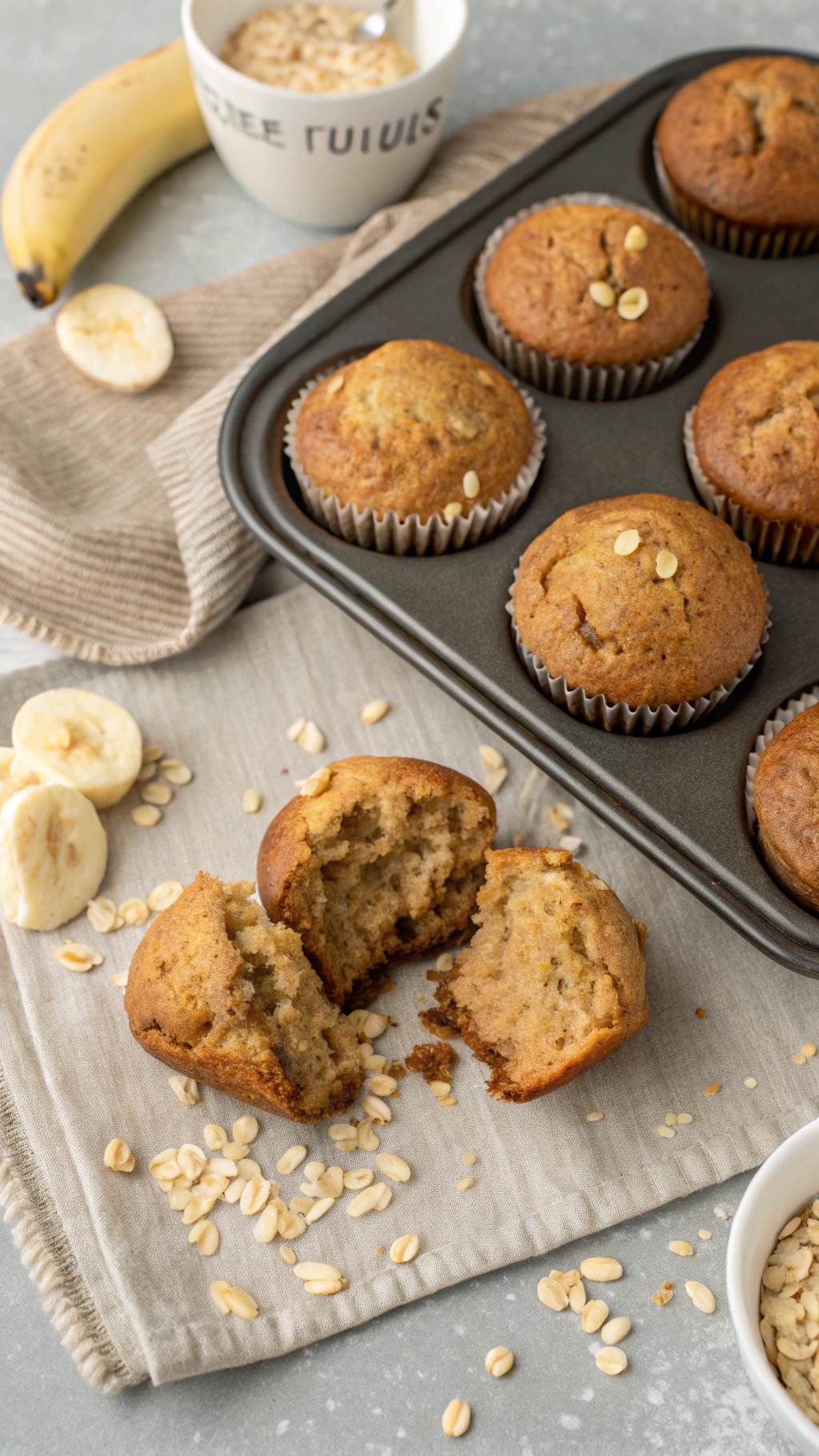 Freshly baked vegan banana muffins in a muffin tray, with a ripe banana and oats nearby.