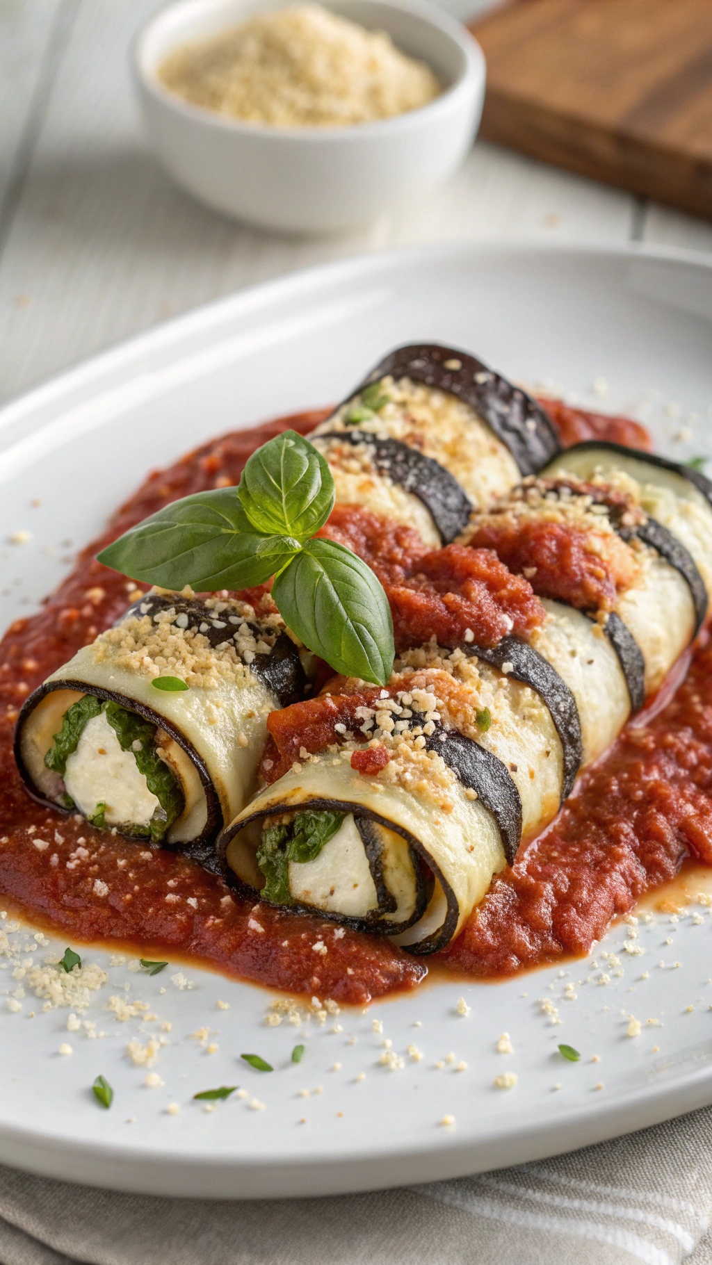 Vegan eggplant rollatini served on a plate with marinara sauce and fresh basil
