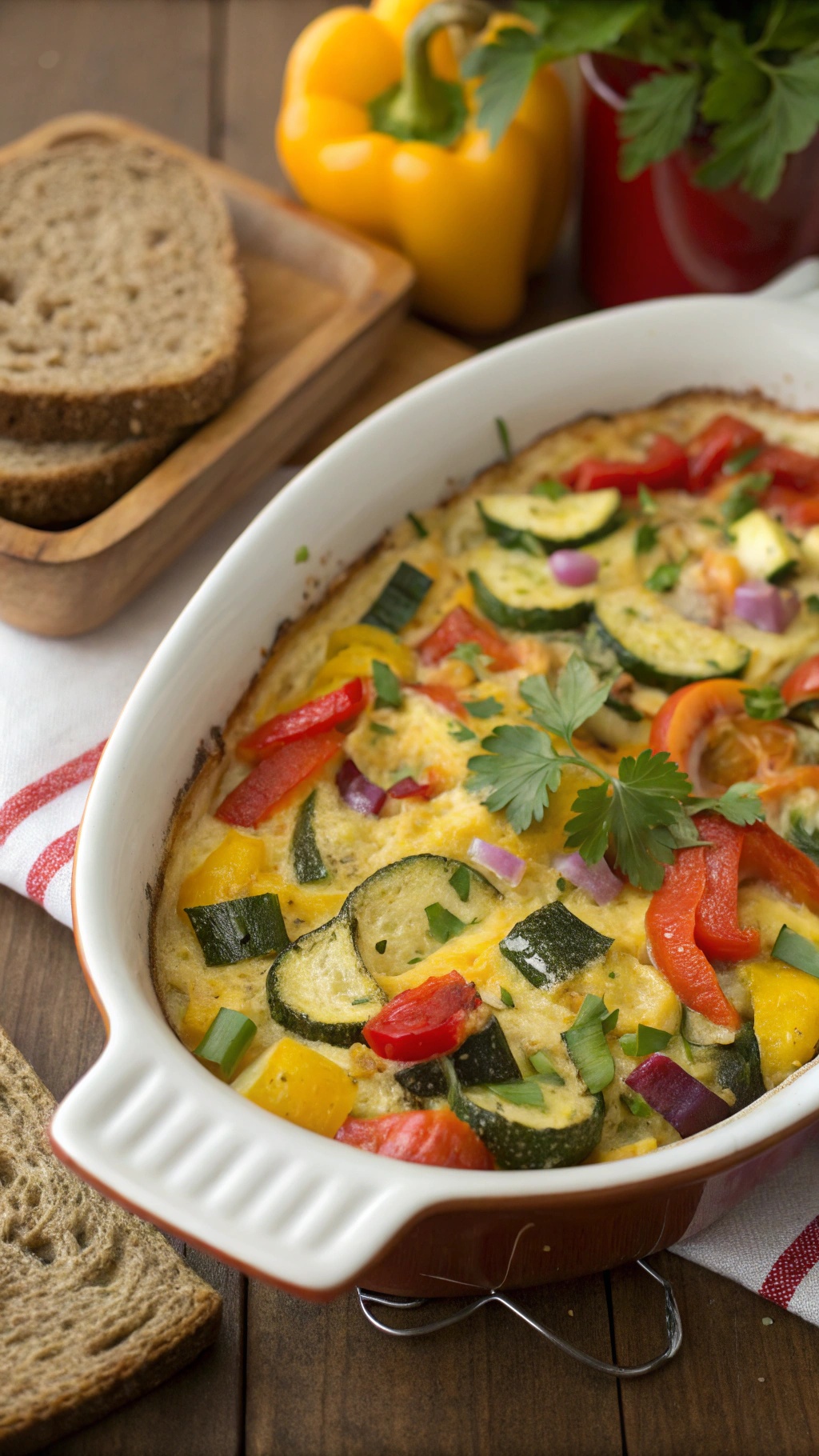 A colorful vegetable and egg bake in a white dish, surrounded by slices of bread and fresh ingredients.
