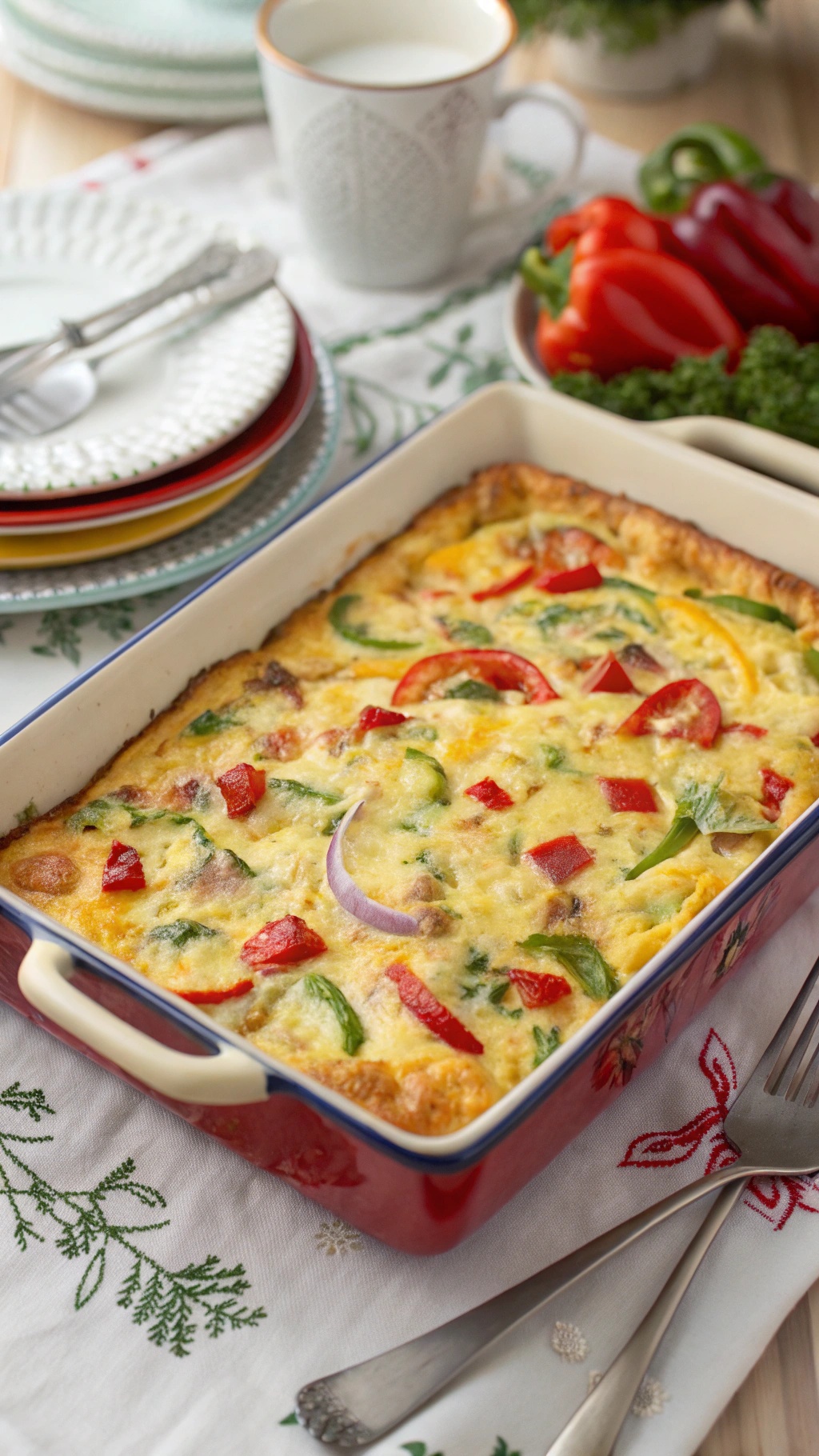 A colorful vegetable and egg casserole in a baking dish, surrounded by plates and fresh vegetables.
