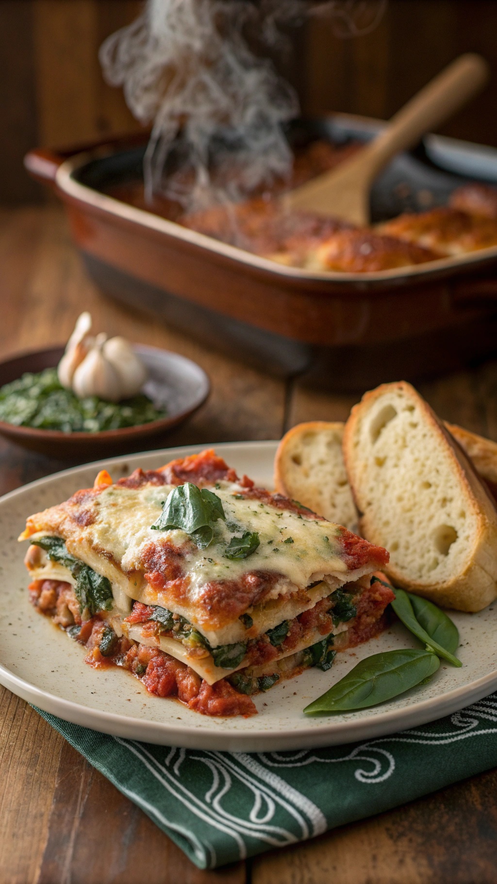 A plate of classic vegetable lasagna with spinach, served with garlic and pesto on the side.