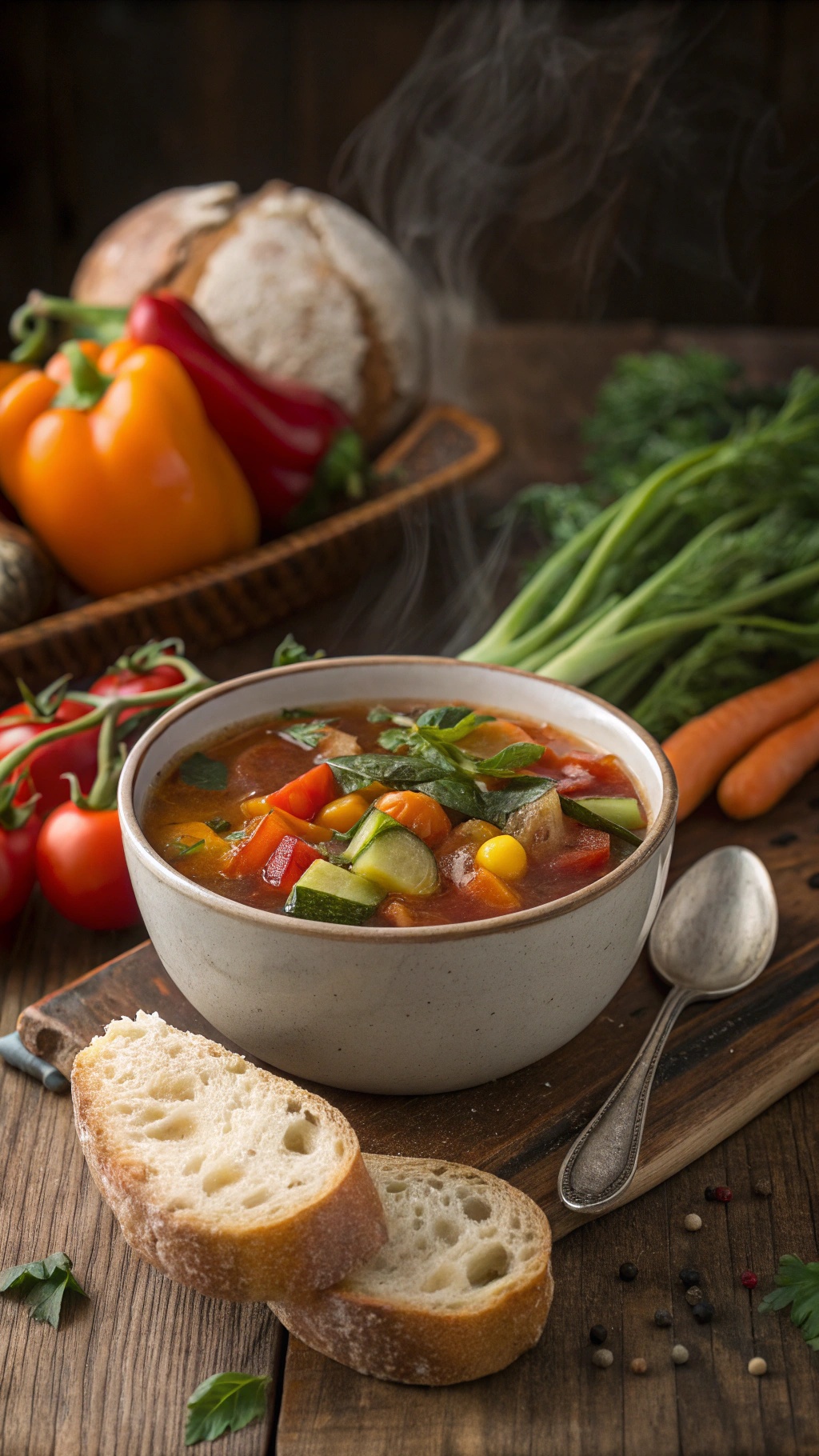 A bowl of steaming vegetable soup with colorful vegetables and slices of bread on the side.