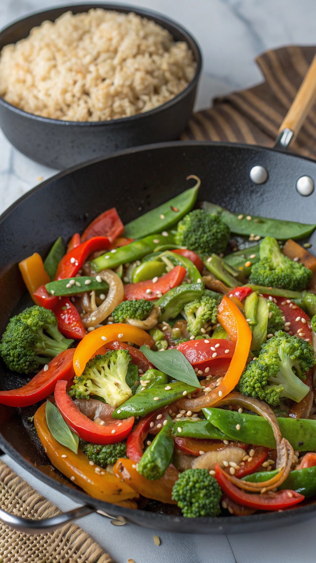 A colorful vegetable stir-fry with broccoli, bell peppers, and snap peas in a pan, served with brown rice.