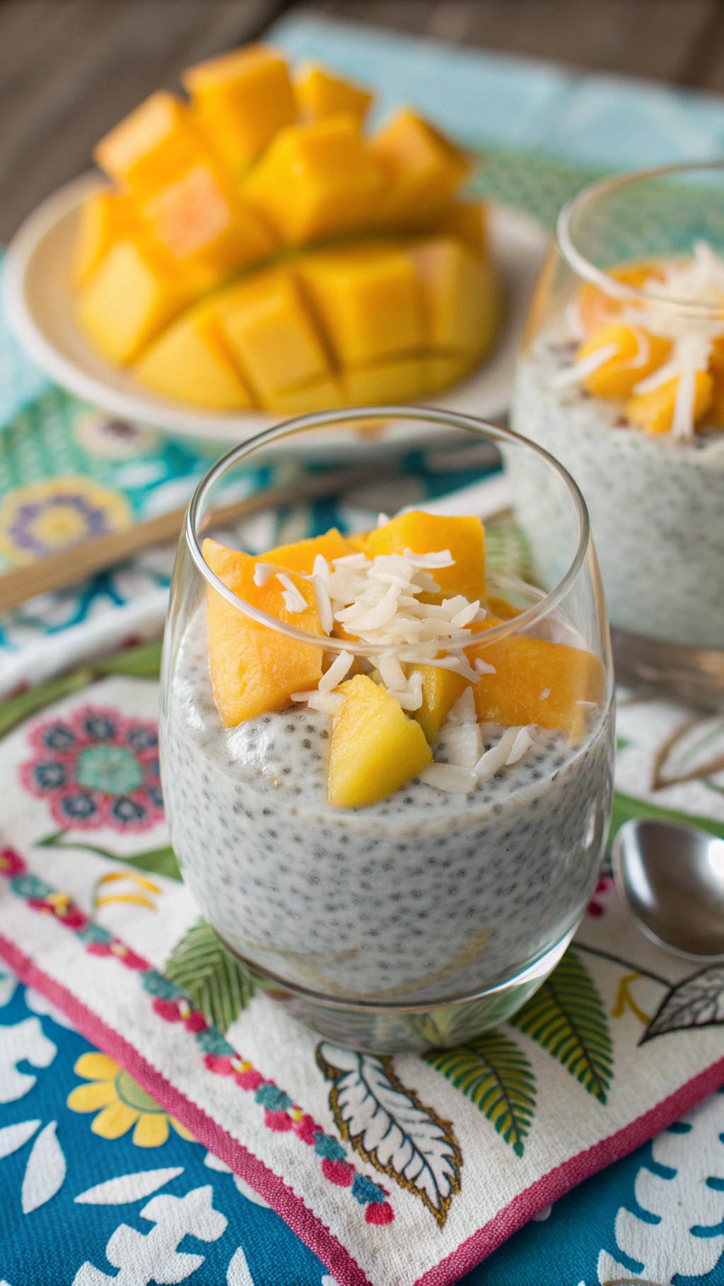 Coconut chia seed pudding topped with mango and shredded coconut