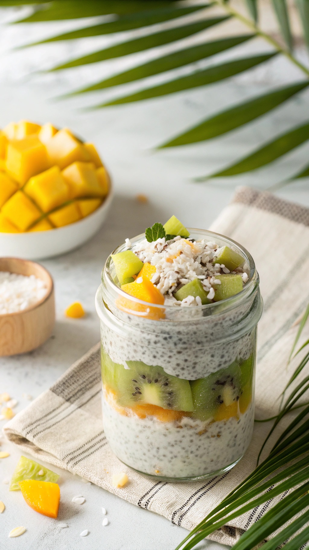 A jar of coconut chia seed pudding layered with fresh fruits like mango, kiwi, and green apple, garnished with shredded coconut.