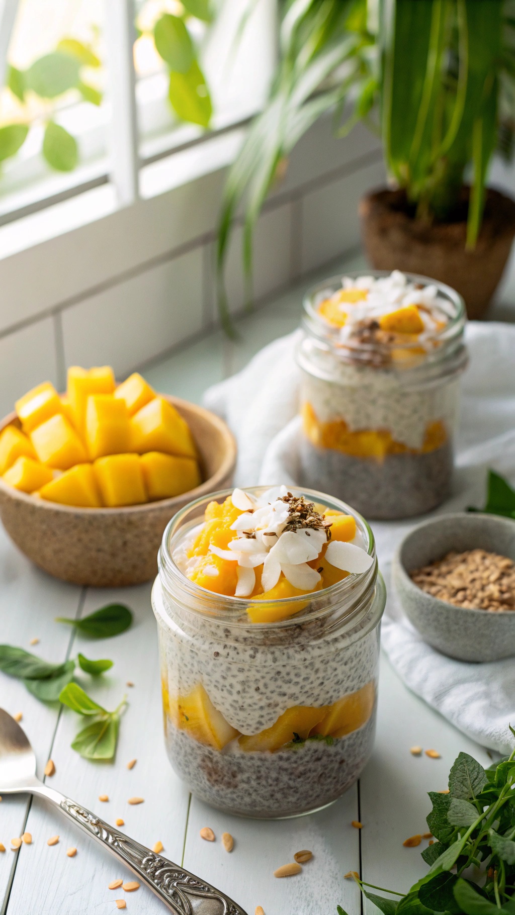 Coconut chia seed pudding in jars with mango and coconut flakes, surrounded by fresh ingredients.