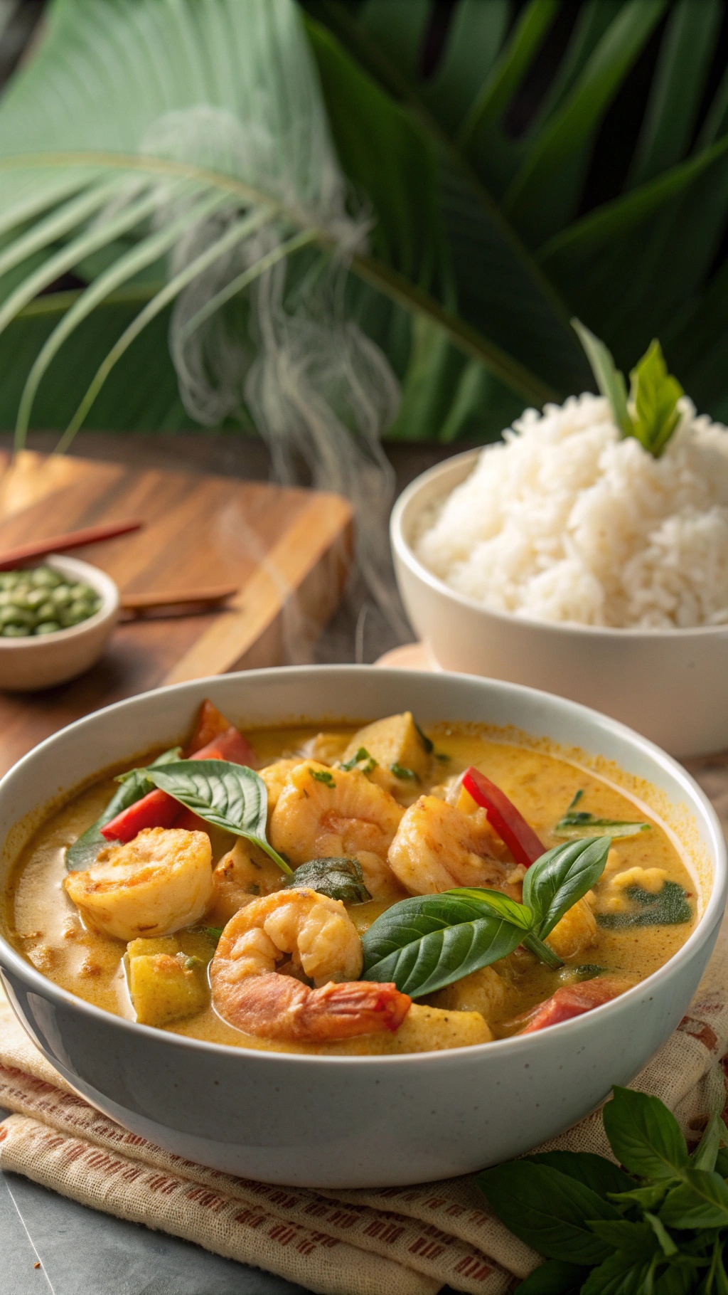 A bowl of coconut curry shrimp with rice, garnished with fresh basil and red peppers.