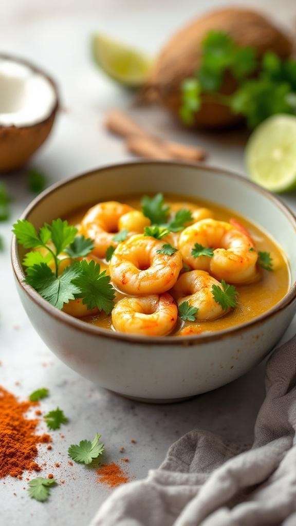 A bowl of coconut curry shrimp garnished with cilantro, with coconut and lime in the background.
