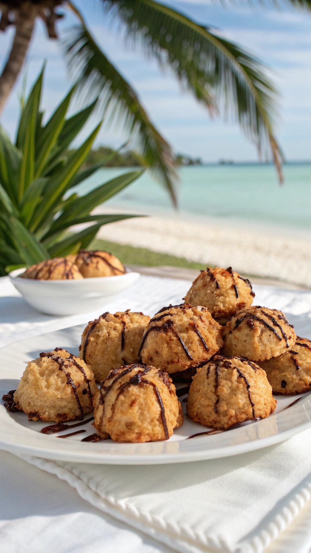 Plate of low-sugar coconut macaroons drizzled with chocolate, set against a beach background