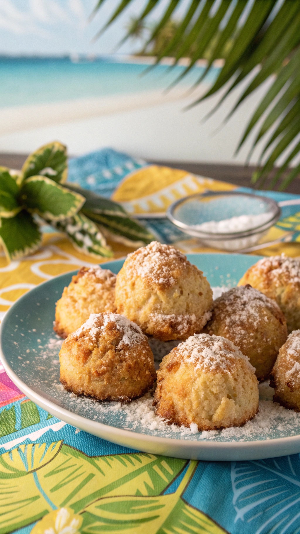 A plate of coconut macaroons dusted with powdered sugar on a tropical-themed tablecloth.