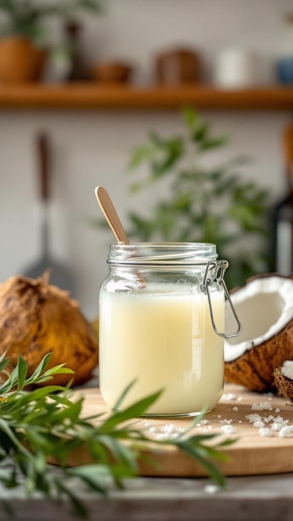 A jar of coconut oil with a wooden spoon, surrounded by fresh coconuts and greenery.
