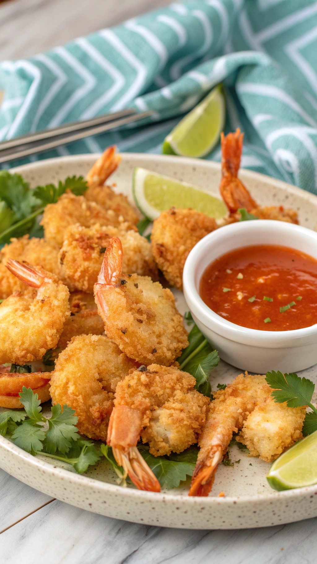 A plate of crispy coconut shrimp served with sweet chili sauce and lime wedges.