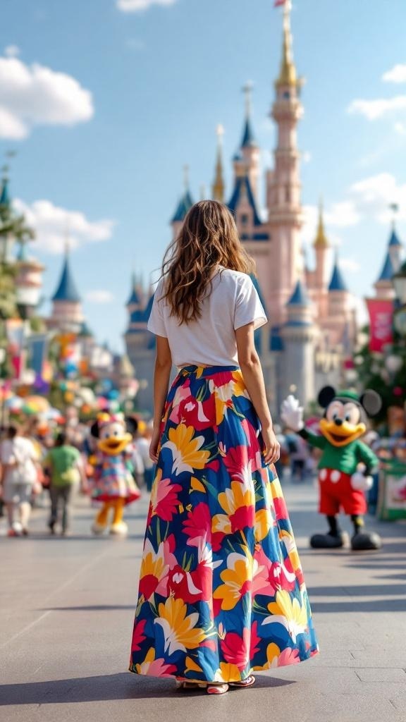 A woman wearing a colorful floral maxi skirt and a simple white tee, standing in front of Disneyland's castle with Mickey Mouse and friends in the background.