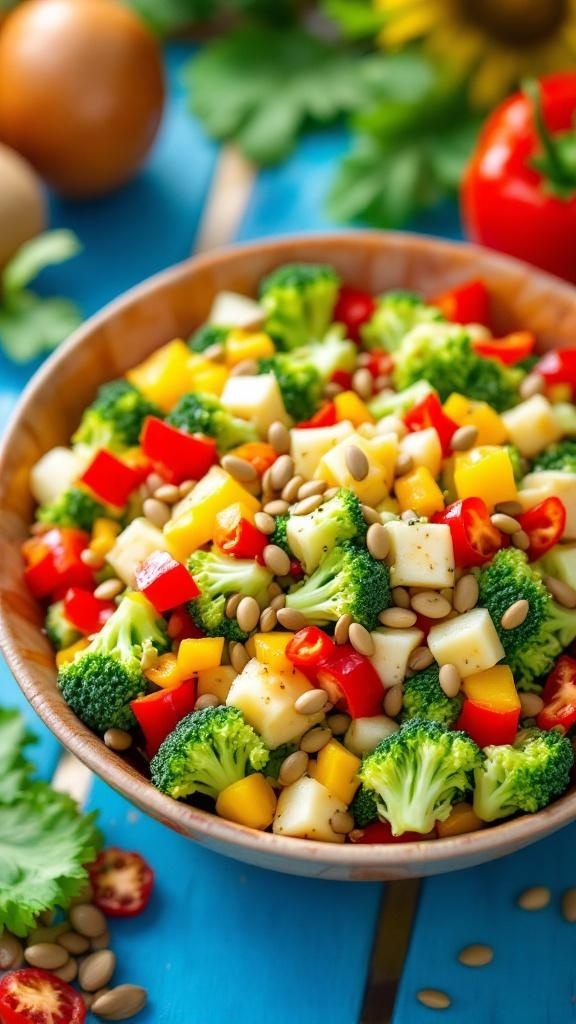 A colorful broccoli salad with bell peppers and sunflower seeds in a wooden bowl.