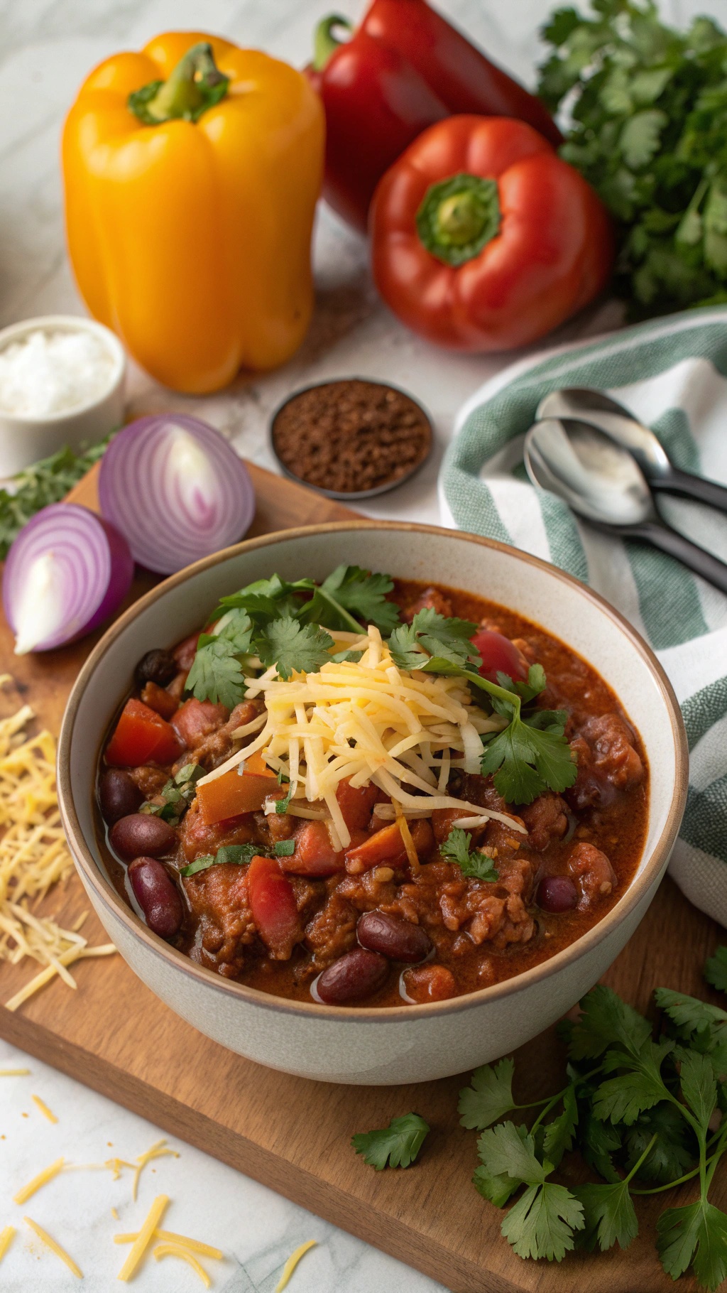 A bowl of hearty turkey chili topped with cheese and cilantro, surrounded by colorful bell peppers and spices.