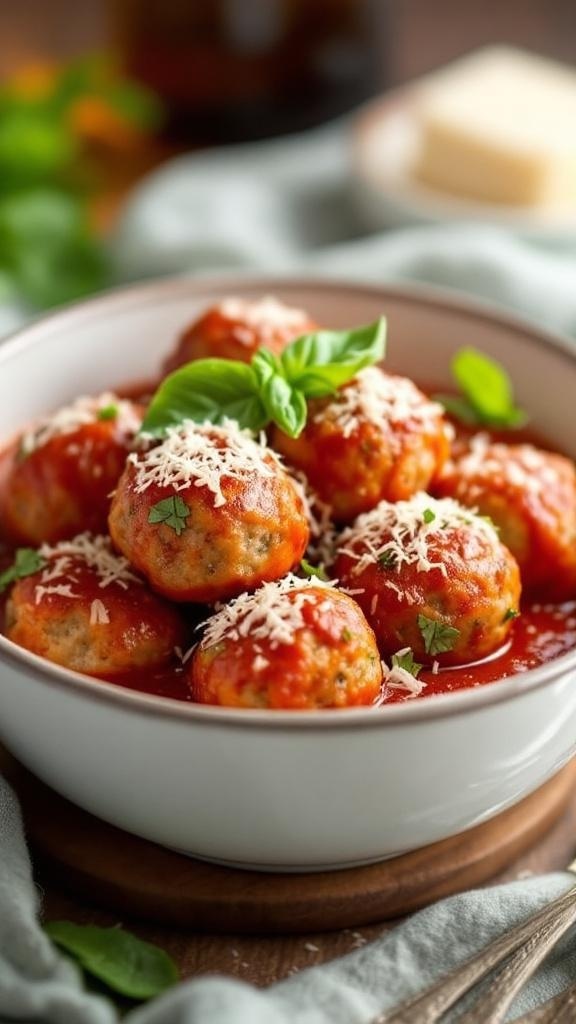 A bowl of turkey meatballs in marinara sauce, garnished with basil and cheese.