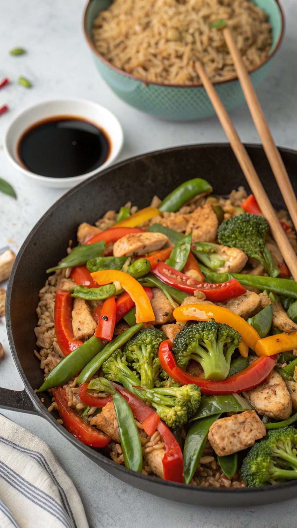 A colorful turkey and vegetable stir-fry in a skillet with brown rice on the side.