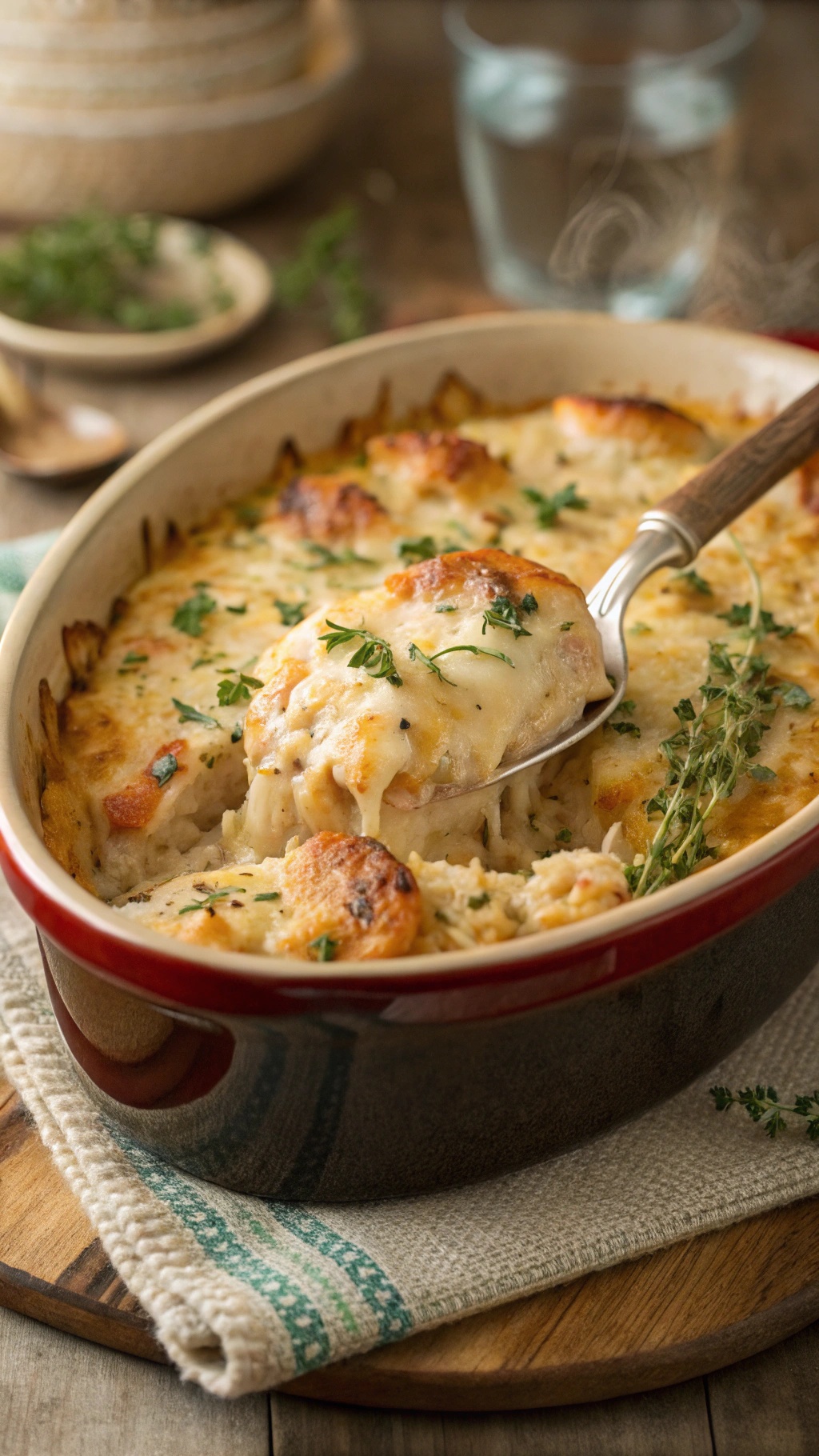 A comforting baked chicken and rice casserole with a golden crust and fresh herbs on top.