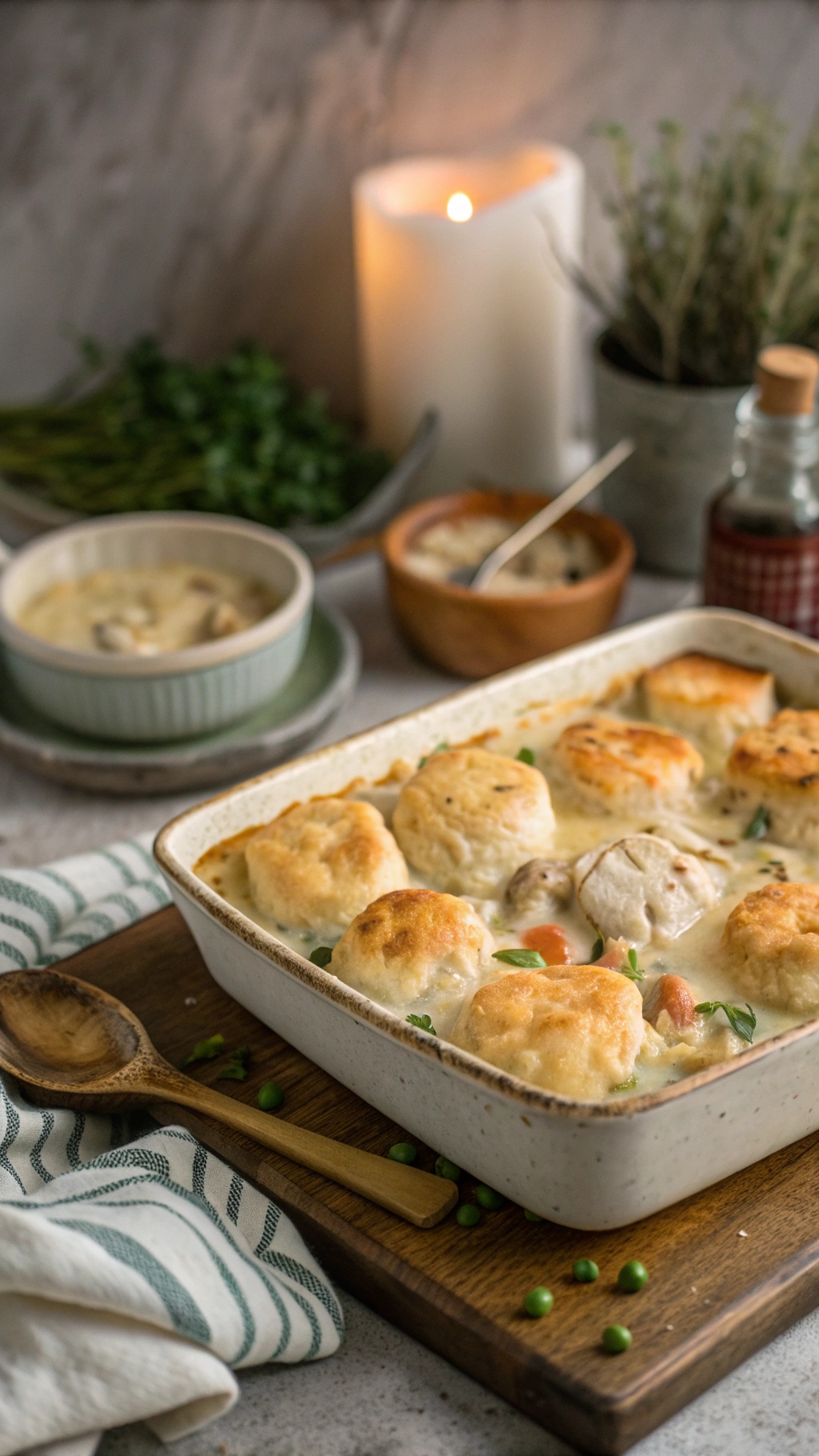 A comforting chicken and dumplings casserole with golden dumplings on top, surrounded by fresh herbs and a warm ambiance.