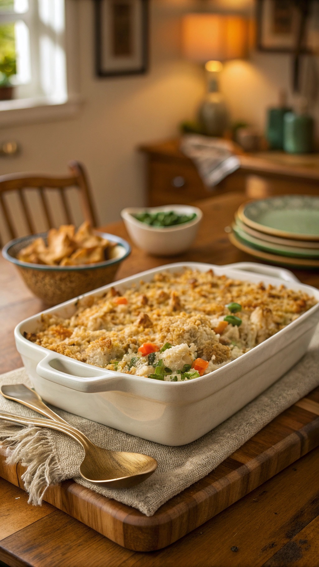 A delicious chicken and rice casserole topped with breadcrumbs, served in a white dish on a wooden table.