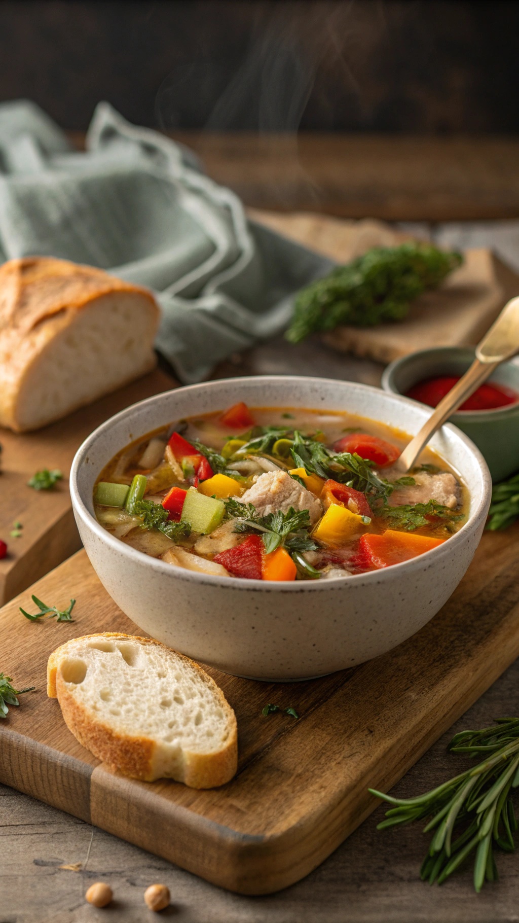 A bowl of chicken and vegetable soup with colorful veggies and a slice of bread on a wooden board.