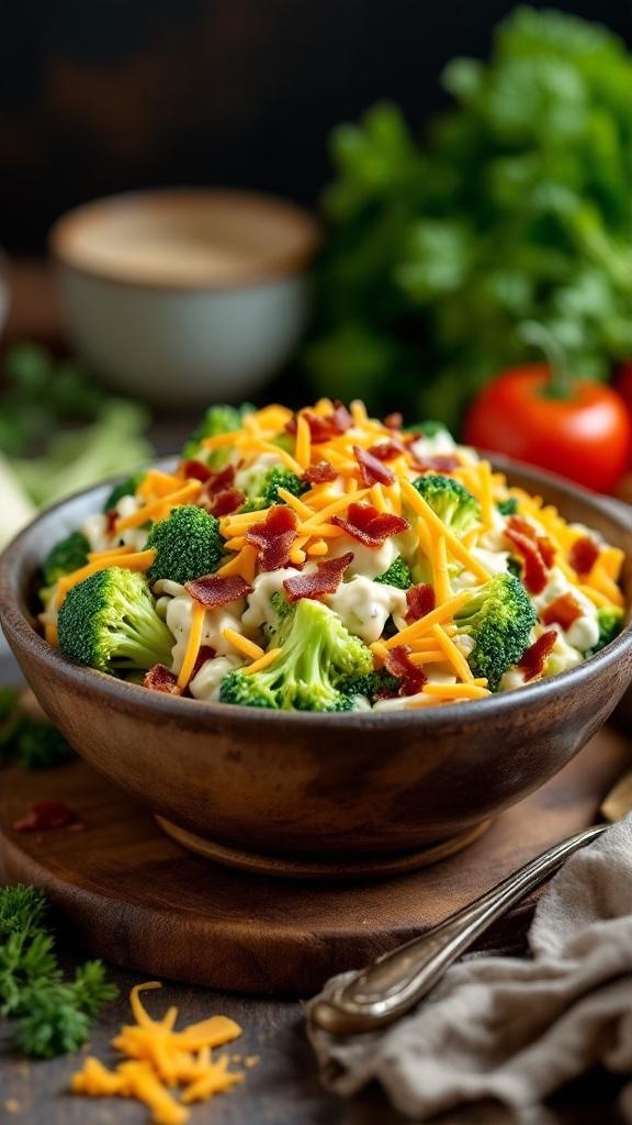 A bowl of broccoli salad with cheddar cheese, bacon bits, and a creamy dressing.