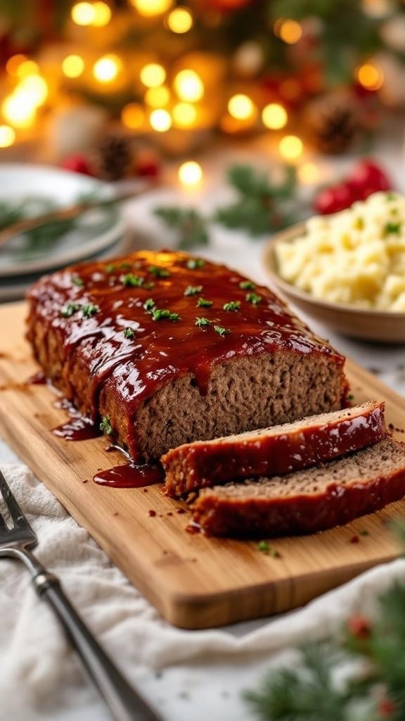 A beautifully glazed low carb meatloaf on a wooden cutting board, garnished with parsley, with festive lights in the background.