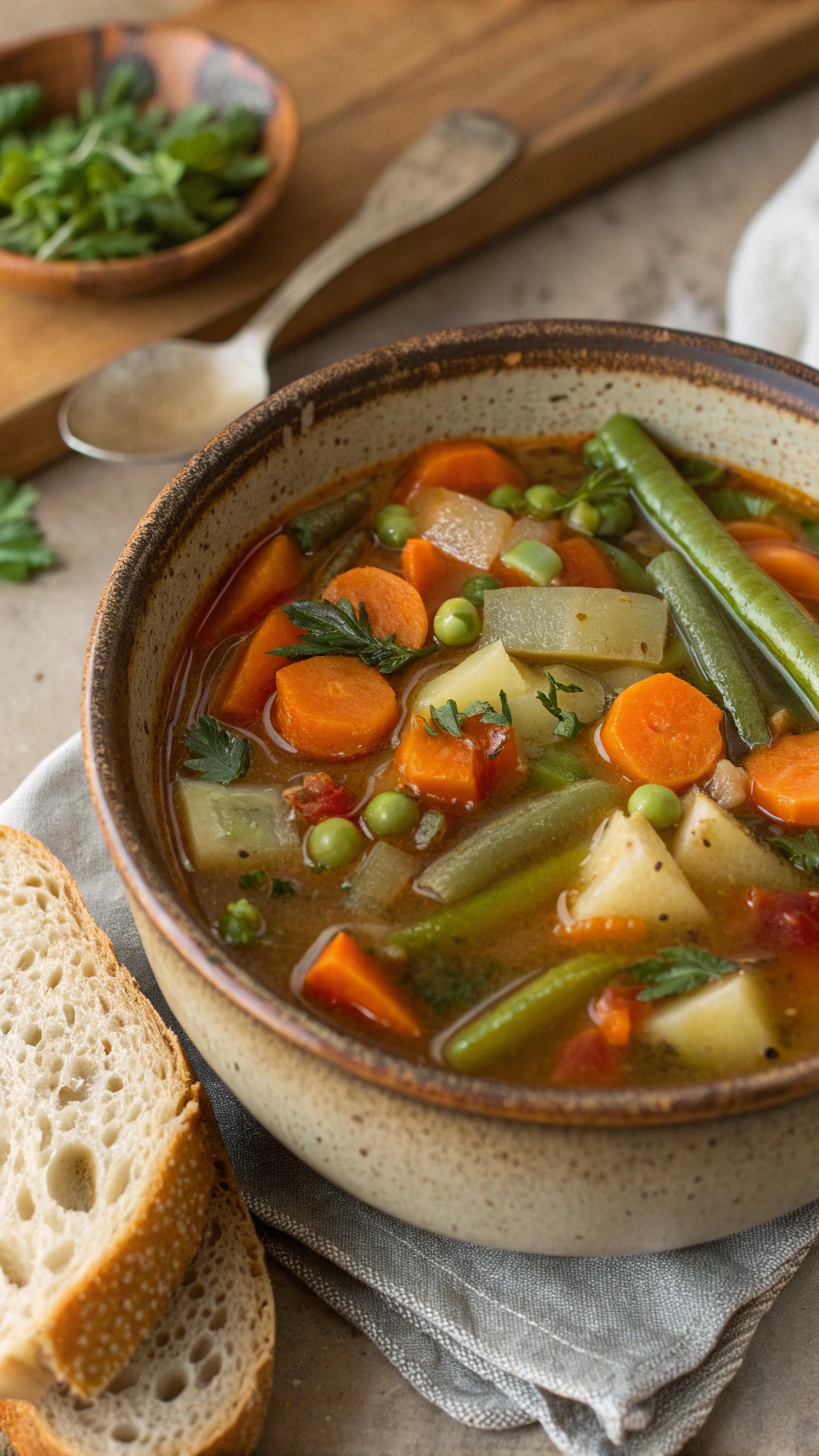 A bowl of vegetable soup with carrots, green beans, and peas, served with bread on the side.