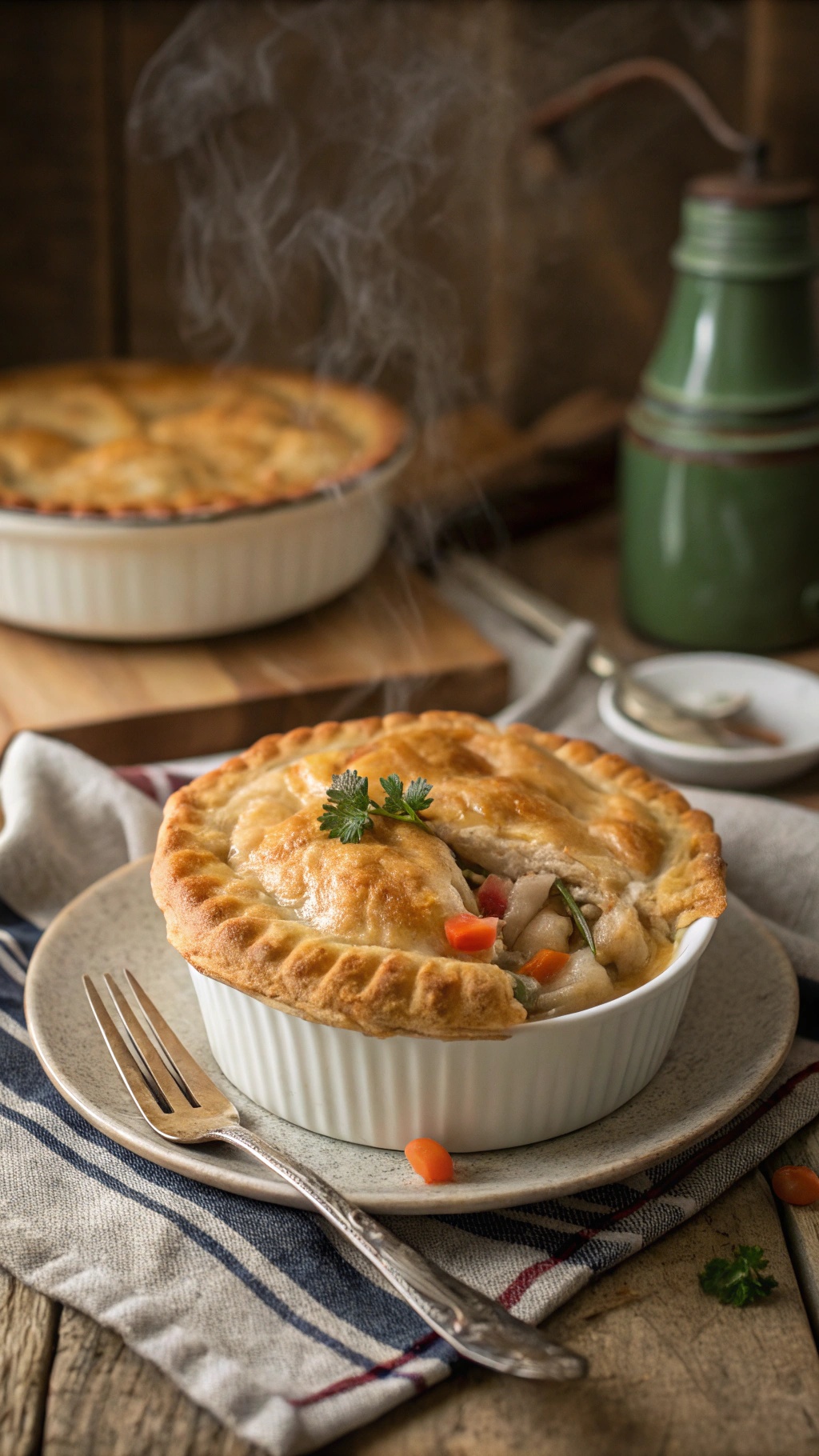 A steaming chicken pot pie with a golden crust and colorful vegetables, served on a plate.
