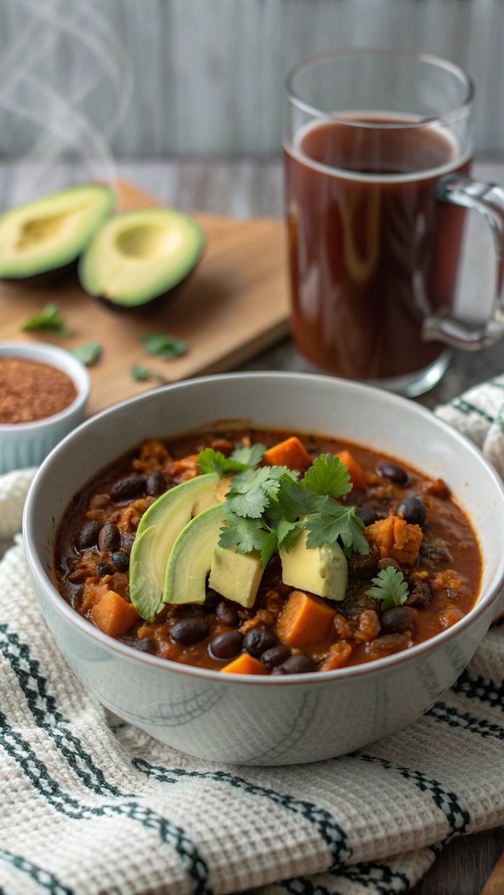 A bowl of pumpkin and black bean chili topped with avocado slices and cilantro, with a cup of beverage in the background.
