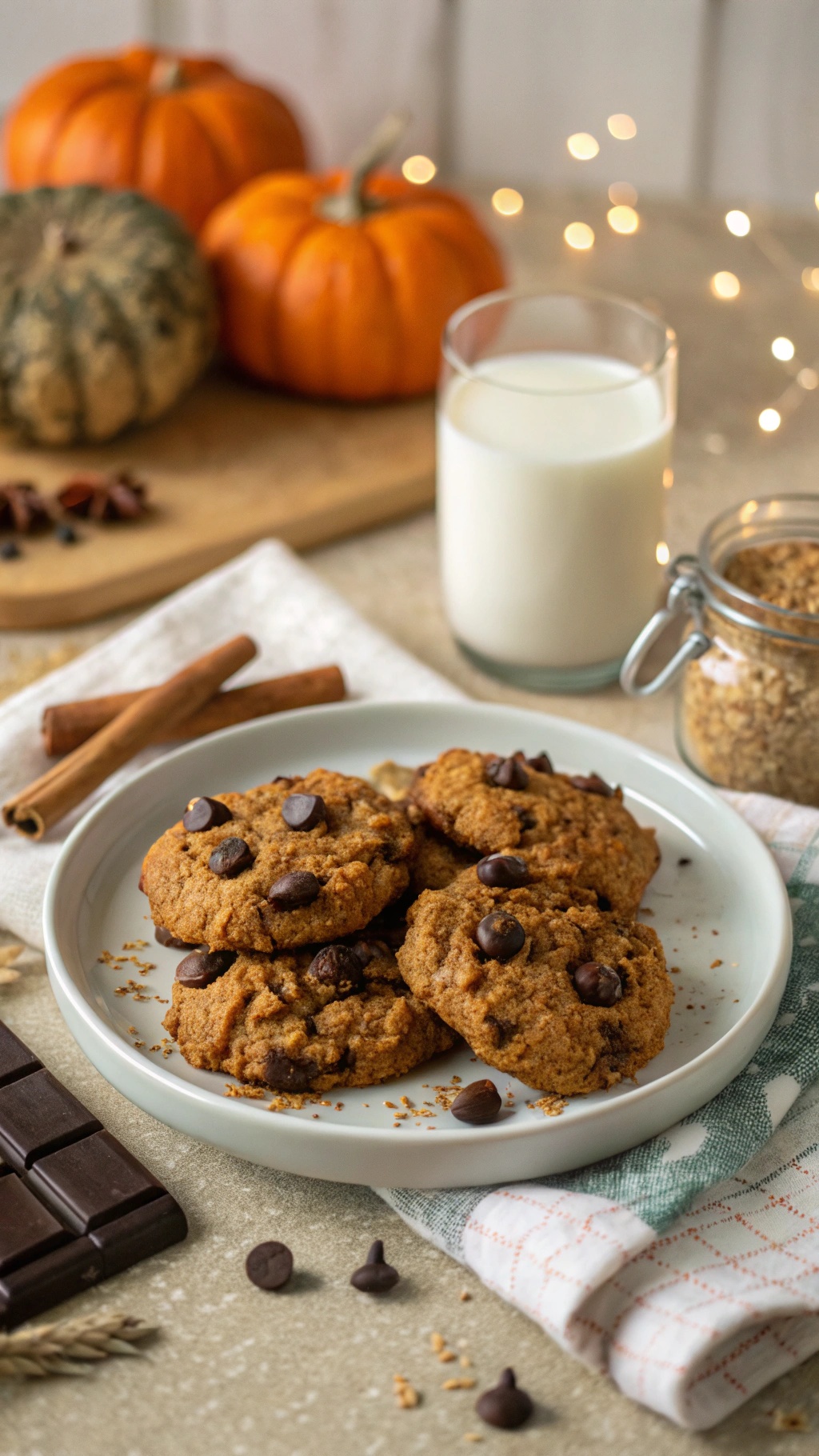 A plate of pumpkin oatmeal cookies with chocolate chips, surrounded by pumpkins and a glass of milk.