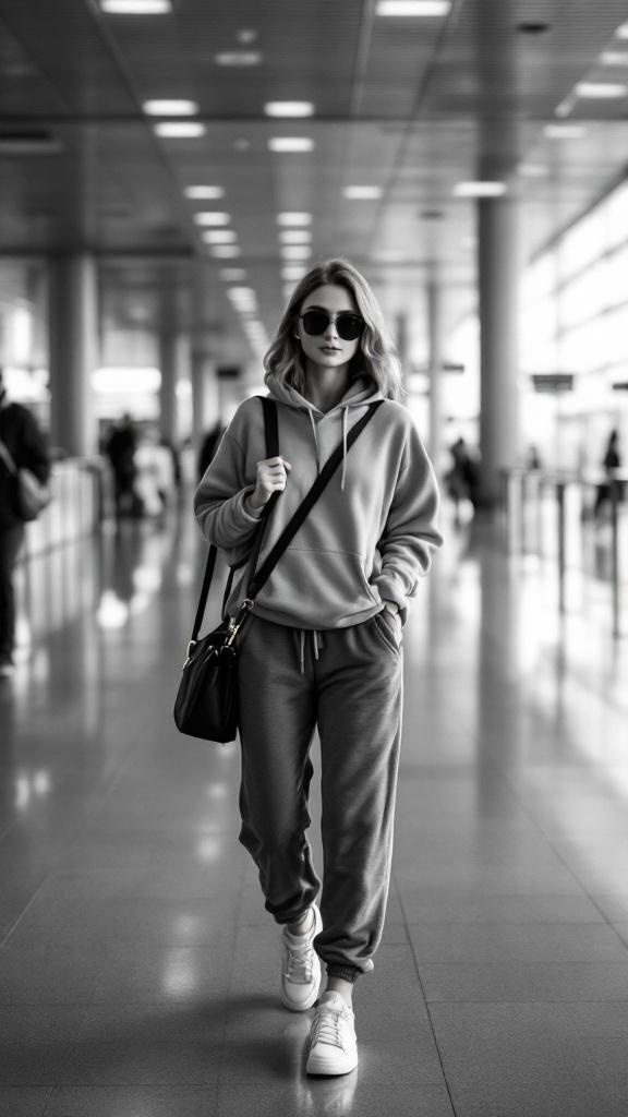 A stylish woman in a cozy hoodie and sweatpants walking through an airport.
