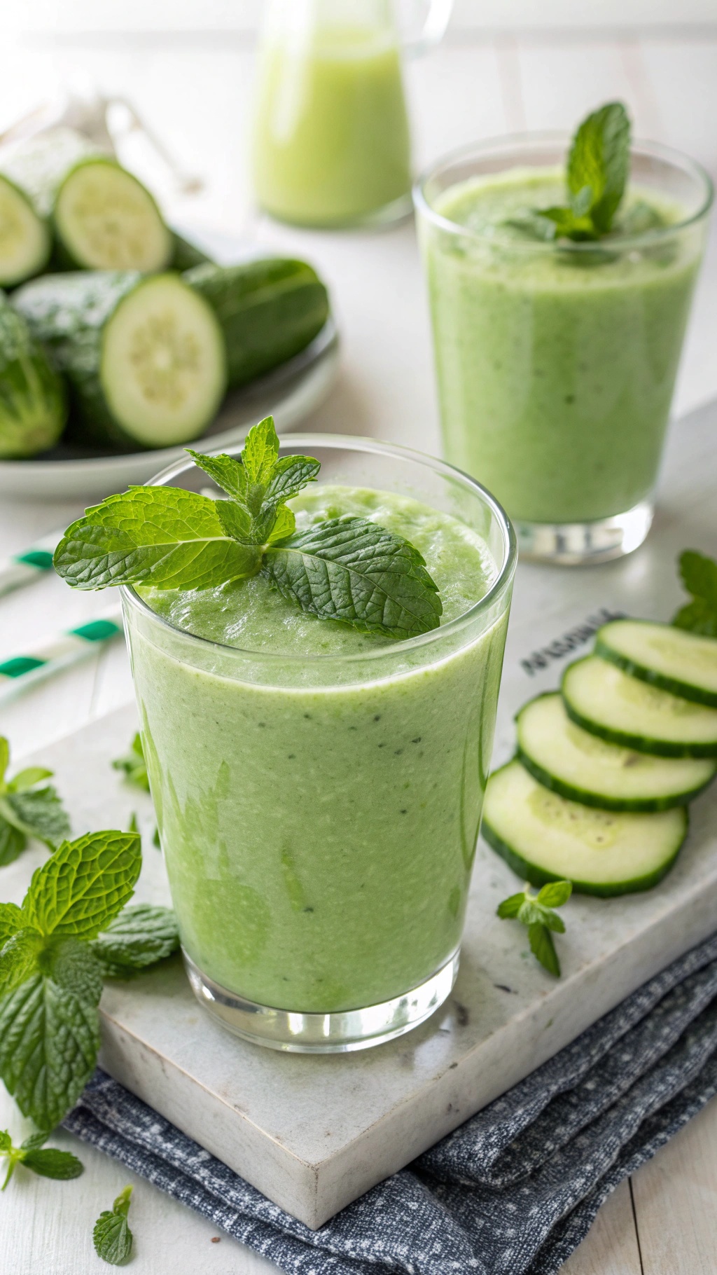 Cooling Cucumber Mint Smoothie in glasses with fresh cucumbers and mint leaves