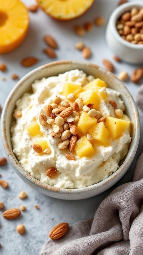 A bowl of cottage cheese topped with mango and nuts, surrounded by almonds and a gray cloth.