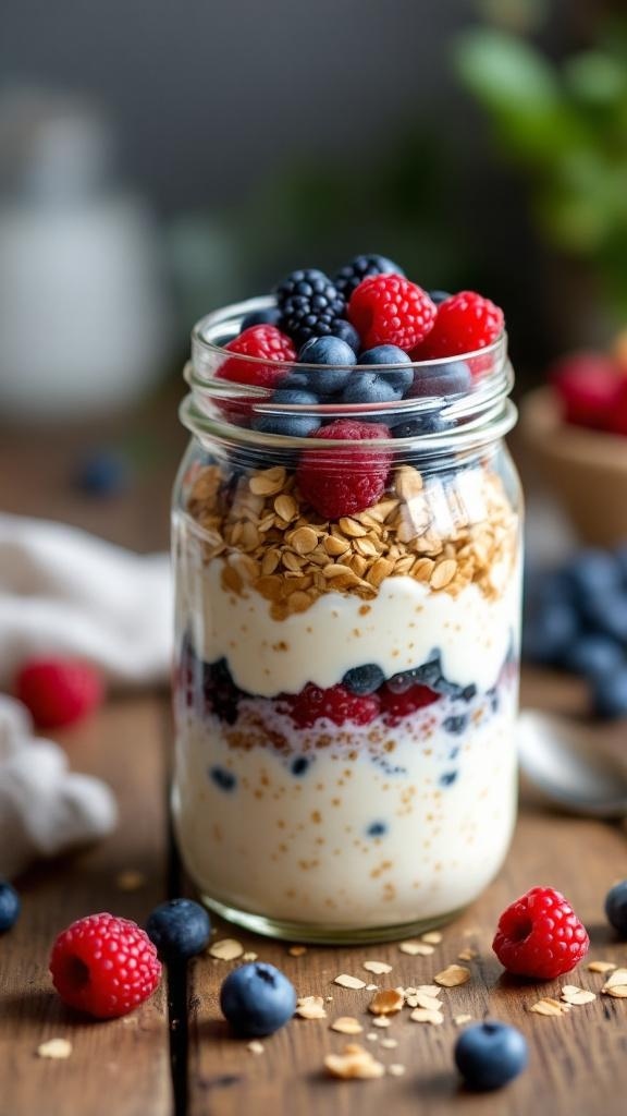 A jar of cottage cheese and berries overnight oats with layers of oats, cottage cheese, and fresh berries.
